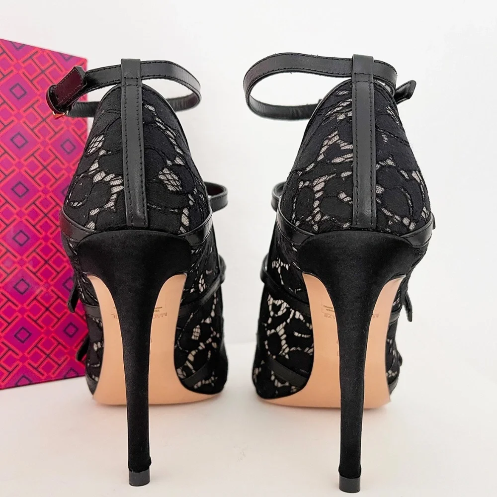 TORY BURCH Satin Lace Leather Black Pointy Toe Camellia shoes Heels pumps US 9.5 - Picture 7 of 9